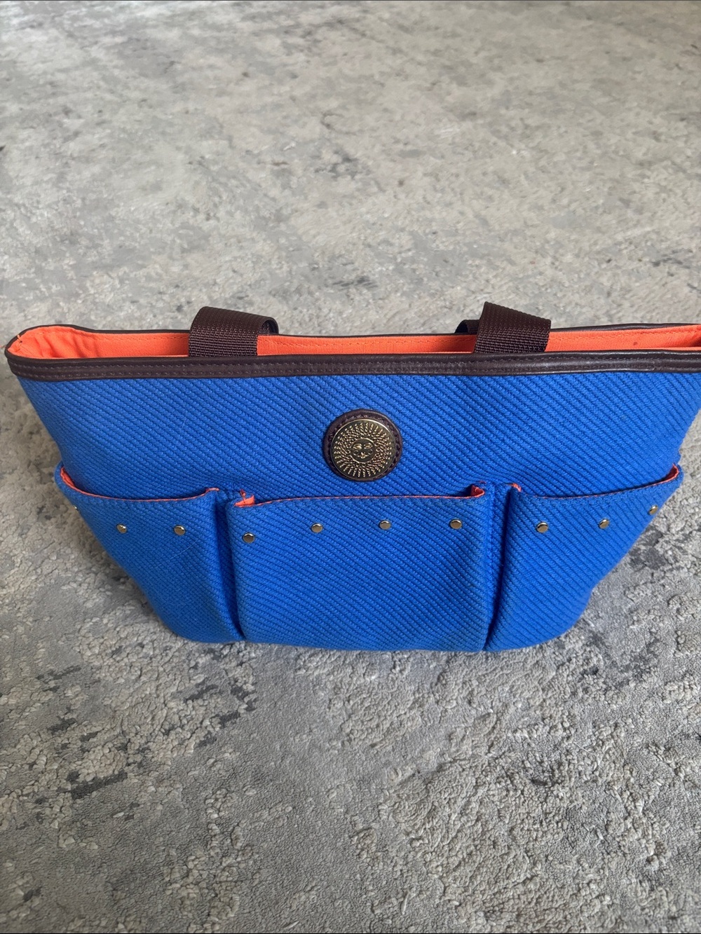 Blue and Orange Tote Organizer Bag with Exterior Pockets